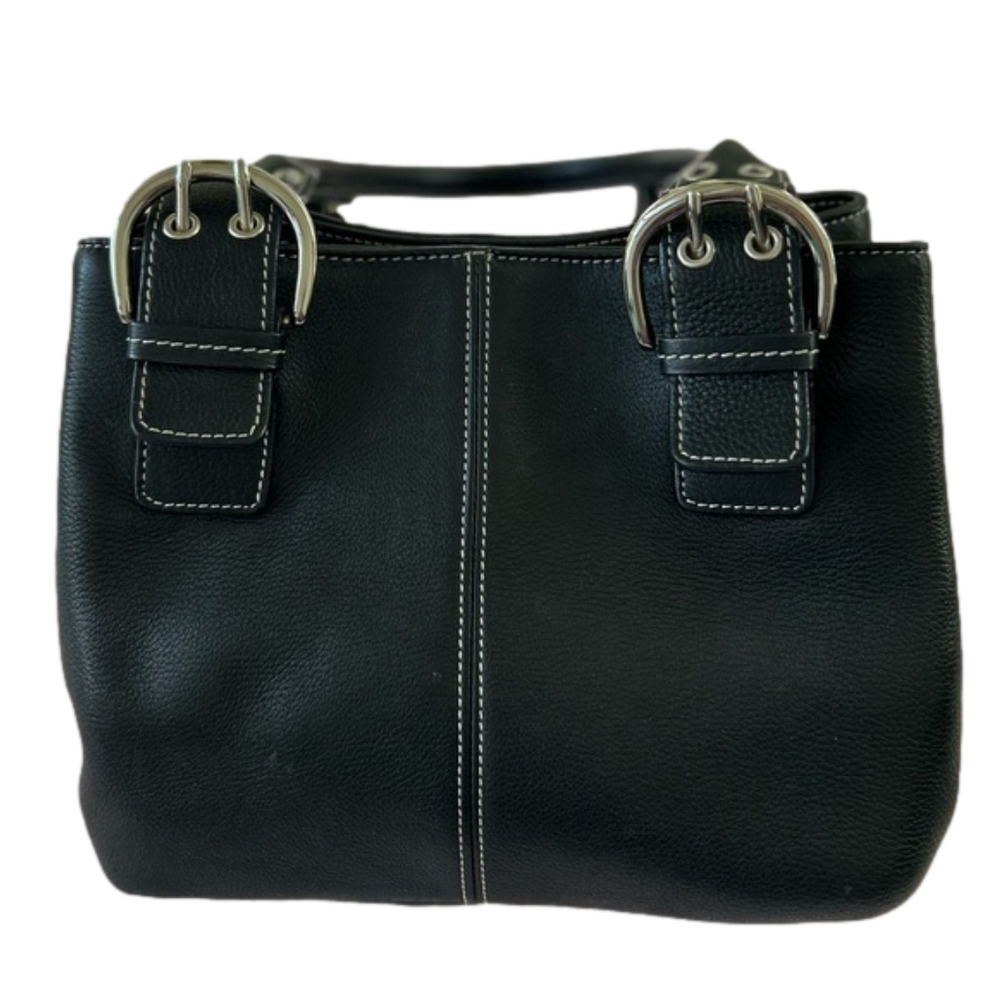 Tignanello Black Pebbled Leather Handbag White Thread Stitching